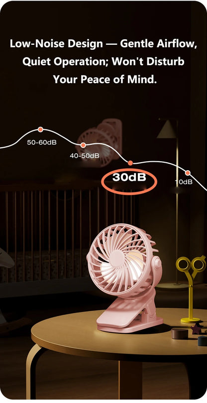 Mini Clip Fan 720°Rotation Built-in Night Lamp USB Rechargeable Powerful Airflow Portable Cooling Fan For Travel Camping Outdoor