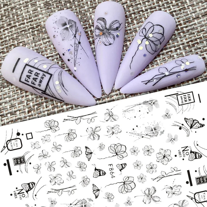 Black and White Love Flowers Line Art 3D Stickers Nail Decals Nail Art Accessories Butterfly Rose Nail Stickers Nail Sliders