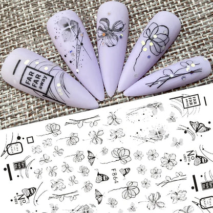 Black and White Love Flowers Line Art 3D Stickers Nail Decals Nail Art Accessories Butterfly Rose Nail Stickers Nail Sliders