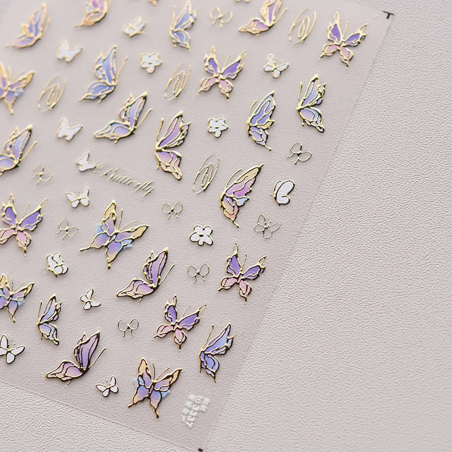 Shiny Jelly Butterfly Charming Golden Gradient Bowknot 5D Self Adhesive Nail Art Sticker Flower Petal Rhinestone Manicure Decals
