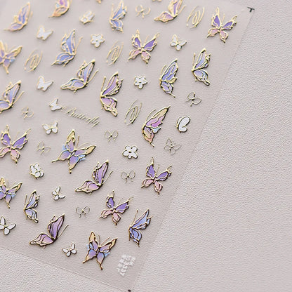 Shiny Jelly Butterfly Charming Golden Gradient Bowknot 5D Self Adhesive Nail Art Sticker Flower Petal Rhinestone Manicure Decals