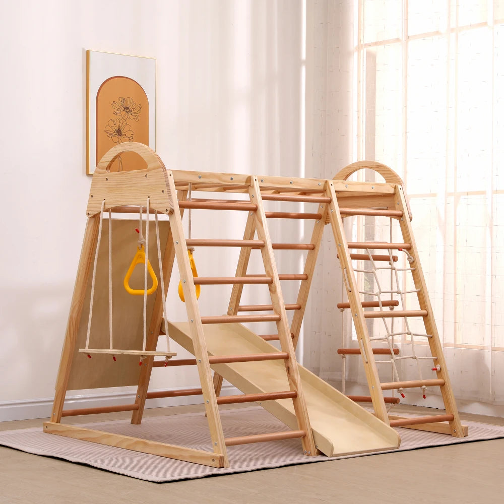 7-in-1 Climbing Scaffold, Include Swing, Swing Rings, Climbing Ladder, Climbing Board, Climbing Net, Slide, for Children's Room