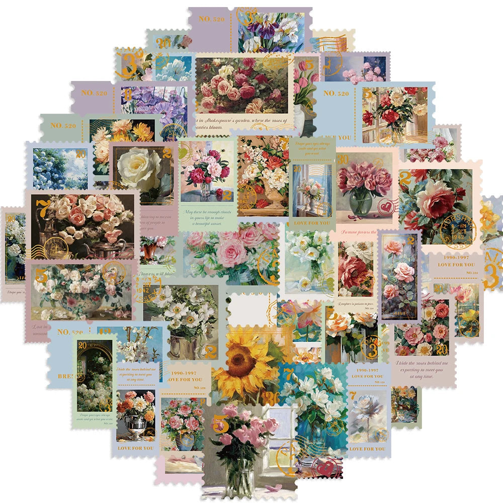 50Pcs Retro Flower Stamps Aesthetic Stickers Graffiti Decals for Scrapbooking Notebook Travel Luggage Bike Phone Sticker﻿