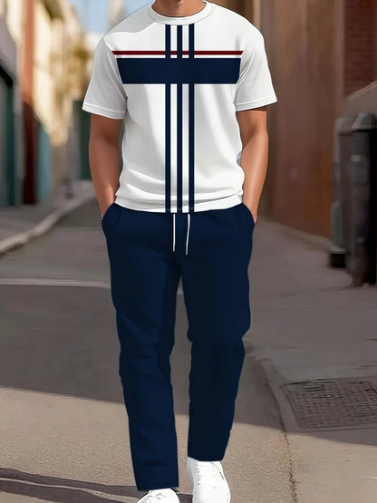 3D Navy Anchor Pattern Men's Set Summer Crew Neck Short Sleeve Shirt With Casual Trousers Two-Piece Set Casual Men's Set