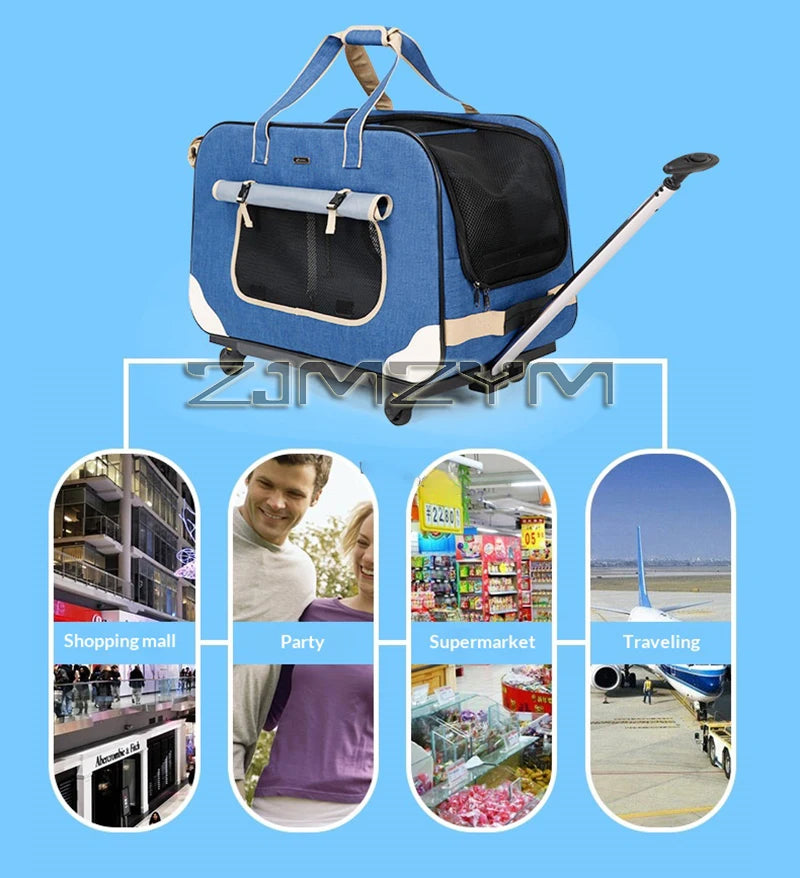 Foldable Pet Trolley, Detachable Windproof Cat Bag, Breathable Cat Carriers, Portable Pet Trolley Case