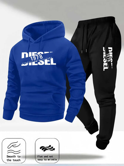Men Fashion Print Tracksuit Hooded Sweatshirt+Sweatpants Set Autumn Winter Casual Fitness Jogging Sports Two-Piece Unisex Outfit