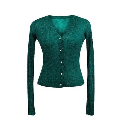 Women Shiny Gold Thread Spring Summer Ice Silk Knitted Cardigan Ribbed Pearl Button Sun Protection Top V-neck Ice Silk Knitwear