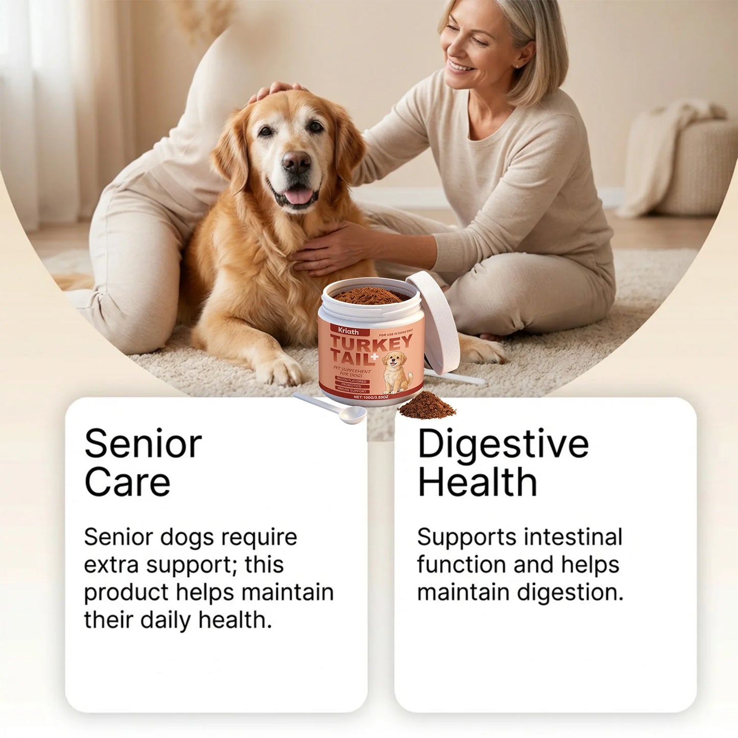 Turkey Tail Mushroom Powder for Dogs, Bacon Flavor Pet Immune Support Joint Hip Gut Health Supplement, Skin Coat Care Powder