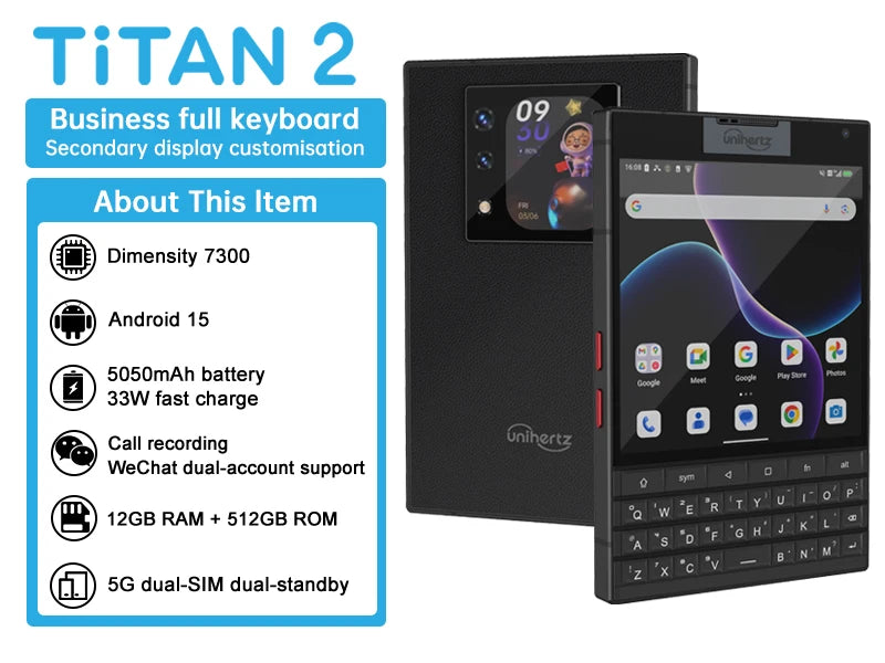 Unihertz Titan 2 Smartphone 5G Android 15 with Physical Keyboard Dual Screen 12GB 512GB  Dimensity 7300 Dual SIM 50MP Camera