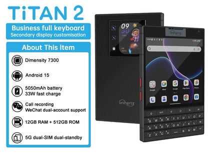 Unihertz Titan 2 Smartphone 5G Android 15 with Physical Keyboard Dual Screen 12GB 512GB  Dimensity 7300 Dual SIM 50MP Camera