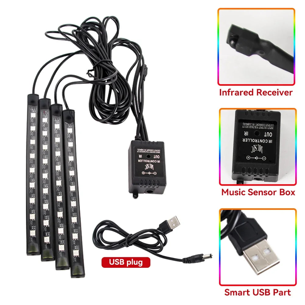 Neon Car Interior Ambient Foot Light with USB Wireless Remote Music App Control RGB 48 LED Atmosphere Decorative Lamp