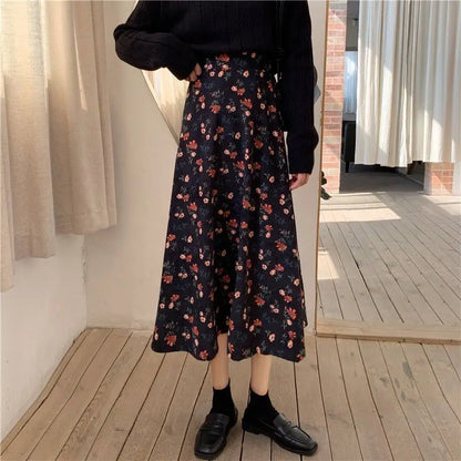 Women Floral Corduroy Midi Skirt High Waist A Line Printed Swing Long Skirt For Spring Autumn