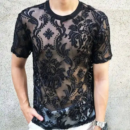 Sexy Round Neck T Shirt Soft Velvet Slim Men Clothing Nightclub Short-sleeved Top Quality Transparent Floral T Shirt See Through