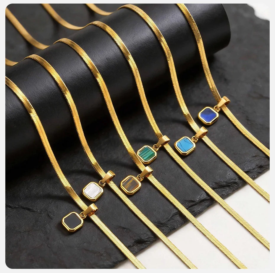 Vnox Geometric Square Natural Stone Pendant Necklace for Men, Gold Silver Color Stainless Steel Blade Chain, Trendy Jewelry Gift