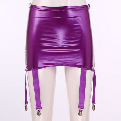 Women's Garter Straps Pencil Skirts Patent Leather Wet Look Garter Belt Short Mini Skirts with Buckle Clips Sexy Clubwear Party