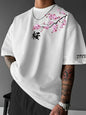 Summer Men Cherry Blossom Pattern Japanese Style Loose-Tee Shirt Suitable for Daily Wear 100% Cotton Material Trendy Versatile