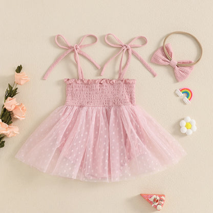 MISOWMNJOY Summer Mesh Tulle Baby Girl Romper Dress Infant Birthday Outfits Sleeveless Tie Strap Smocked Bodysuit with Headband