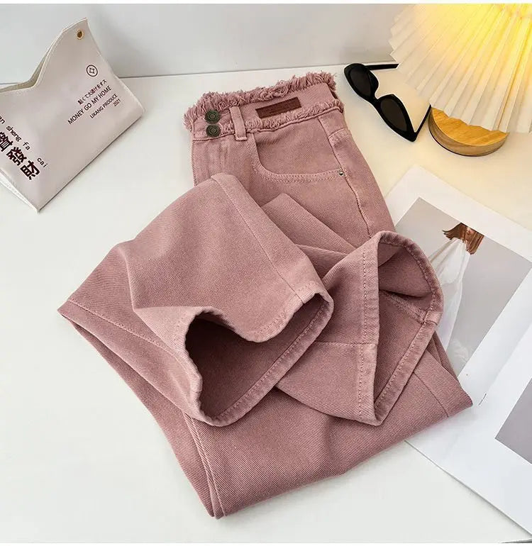 Korean Style Pink Jeans Women Spring Autumn High Waist Raw Edge Straight Denim Pants Simple Gentle All-matched Wide Leg Pants