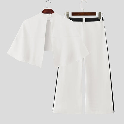 INCERUN Men Sets Patchwork Turtleneck Irregular Crop Shirt Cloak & Wide Leg Pants 2PCS Streetwear Loose Fashion Casual Men Suits