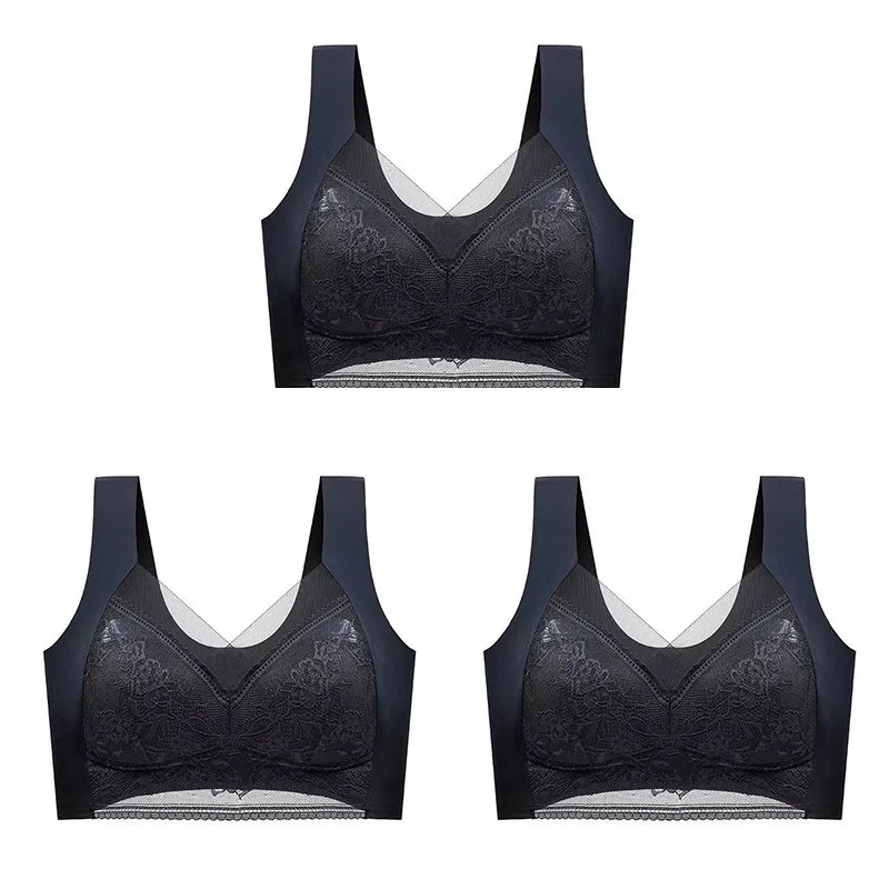3Pcs Women Lace Bra Perspective Push Up Ice Silk Deep V Bralette Bra Sexy Lingerie Tops Plus Size Cup Mom's underwear L-5XL