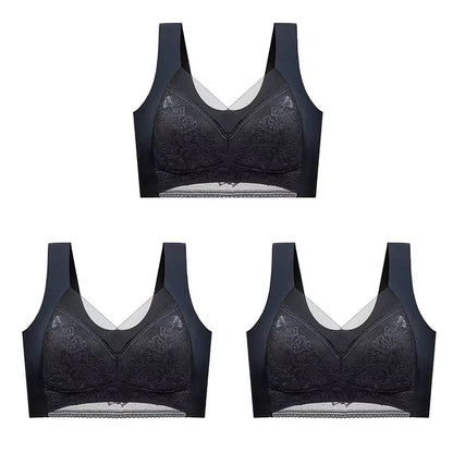 3Pcs Women Lace Bra Perspective Push Up Ice Silk Deep V Bralette Bra Sexy Lingerie Tops Plus Size Cup Mom's underwear L-5XL