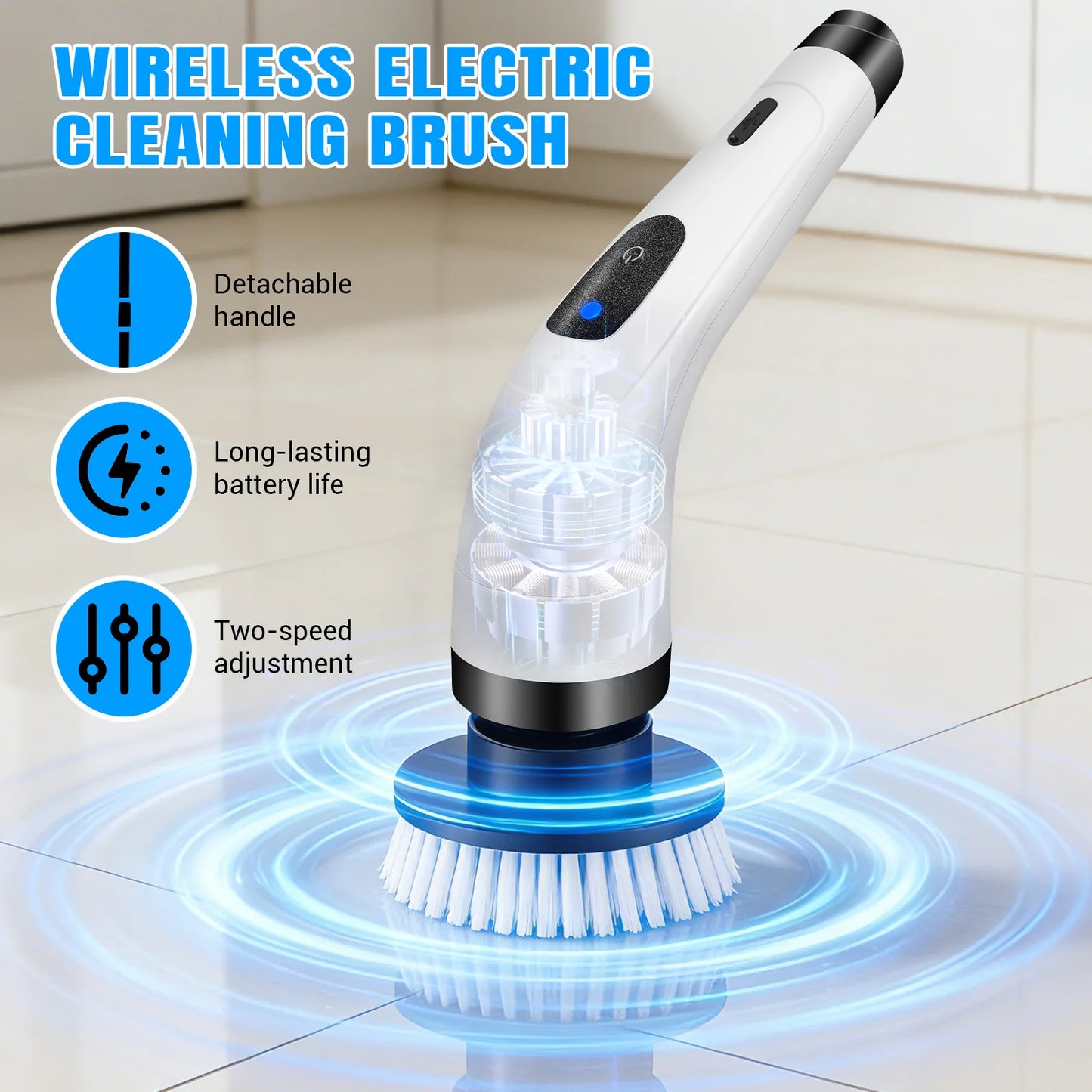 Cordless Electric Cleaning Brush - 7-in-1 Multi-Surface Scrubber with 2-Speed Adjustment, Detachable Extension Handle
