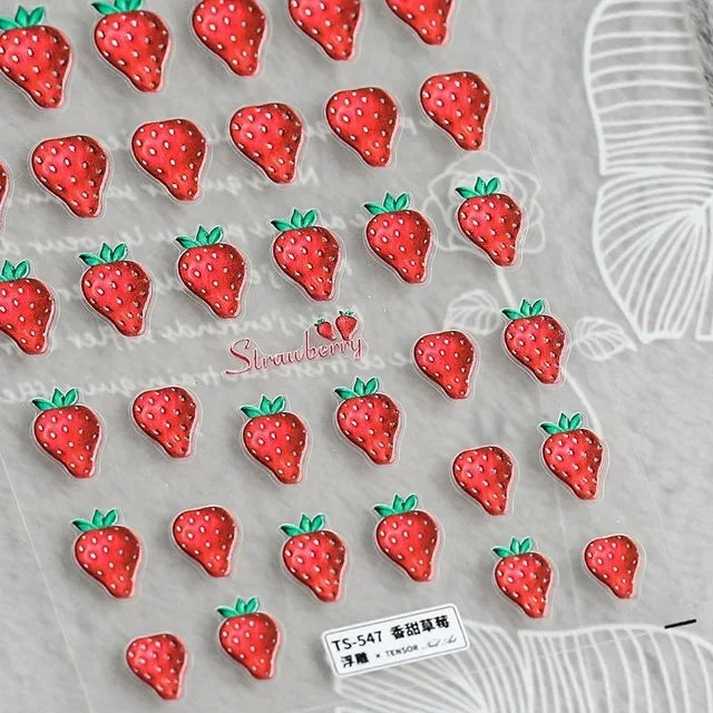 Lovely Red Fruit Strawberry Cherry Bowknot Love Heart Star Silk Ribbon 5D Nail Art Stickers Chic Self Adhesive Manicure Decal