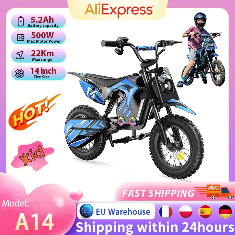 A14 Kids E-Moto Toy 500W Motor 22km Range 36V5.2Ah Battery 3 Speeds(27km/h) Dual Brakes Shock Absorbers Lights for Outdoor Fun