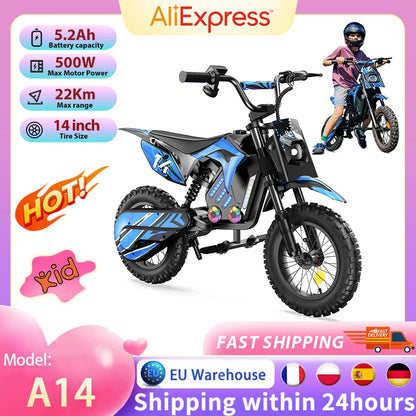 A14 Kids E-Moto Toy 500W Motor 22km Range 36V5.2Ah Battery 3 Speeds(27km/h) Dual Brakes Shock Absorbers Lights for Outdoor Fun