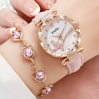 6PCS/Set Fashion Rhinestone Women's Watch Leather Band Analog Quartz Watches Rhinestone Heart Jewelry Set（Without Box）