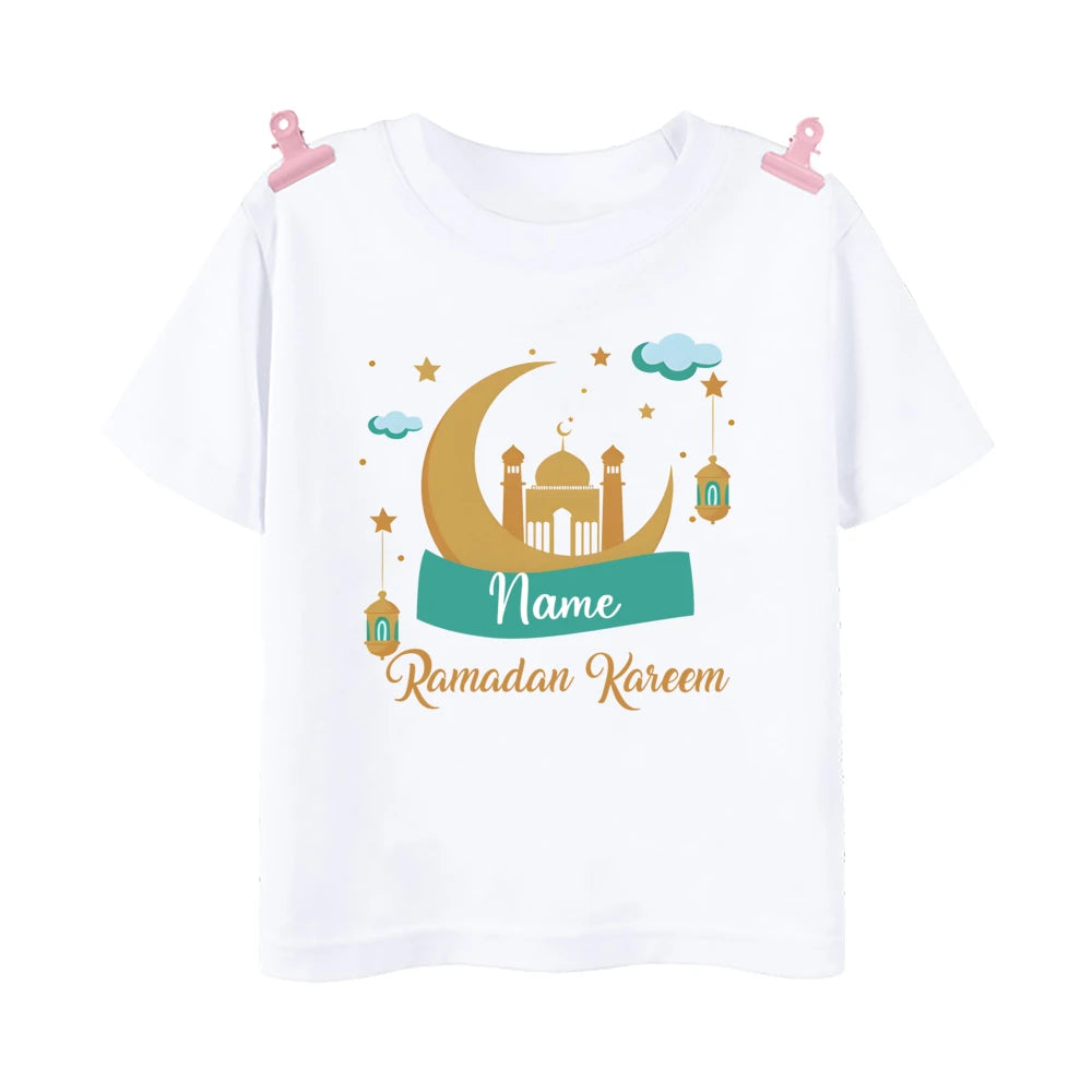 Personalized Eid Mubarak Printed Kids Shirts Custom Name Eid Ramadan Child T-shirt Tops Islamic Muslim Holiday Boys Girls Outfit