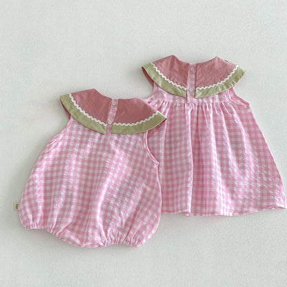 2026 Summer Childrens Clothes Watermelon Collar Baby Bodysuit with Patch Pockets Pink-white Check Girls Dress