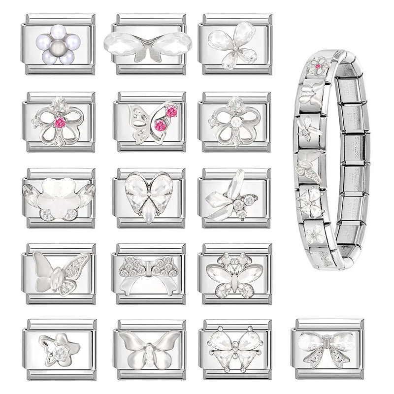 New Shiny Zircon Heart Butterfly Flower Star Bow Italian Charm Links Fit 9MM Stainless Steel Bracelet Girls' DIY Making Gift