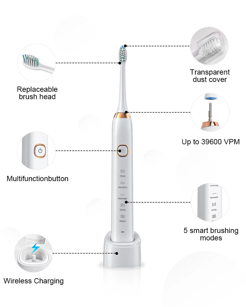 Electric Sonic Toothbrush 8 Brush Heads Smart Ultrasonic Dental Teeth Whitening Rechargeable Adult Tooth Brush Sarmocare S100