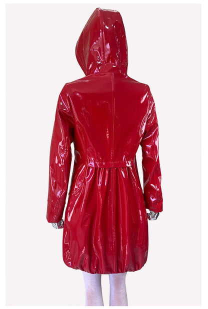Nerazzurri Spring Fitted Waterproof Shiny Reflective Black Patent Faux Leather Jacket Women with Hood Zipper Red Autumn Clothes