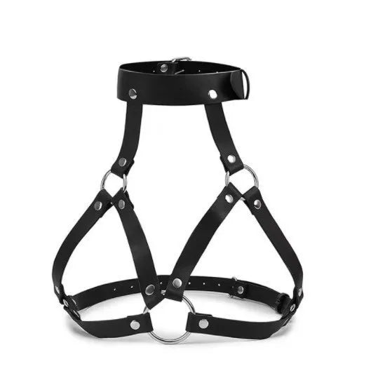 BDSM Alternative Training Sexy Black Leather Collar, nipple clamps, waist binder, and bralette