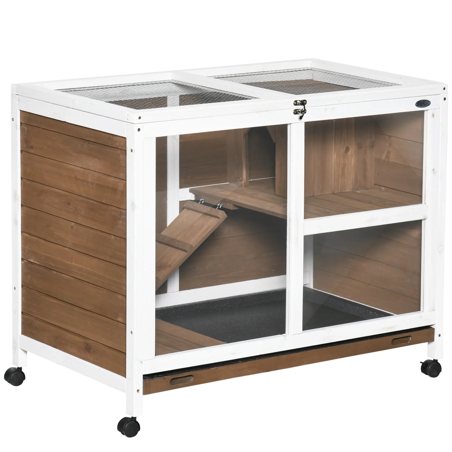 Hutcrate rabbit Cage on castors small animals enclosure in solid drink 2 floors sunroof 91,5x53,3x73 cm Brown