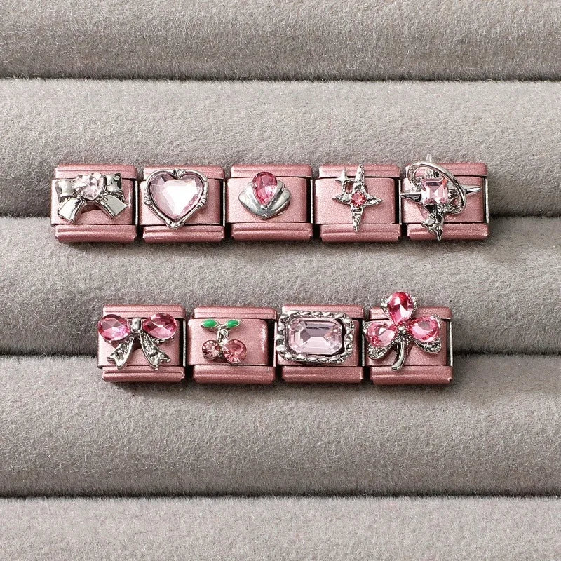 2025 New Women Romantic Pink Cherry Heart Shiny CZ Italian Charm Links Fit 9mm Bracelet Stainless Steel DIY Making Jewelry Gifts