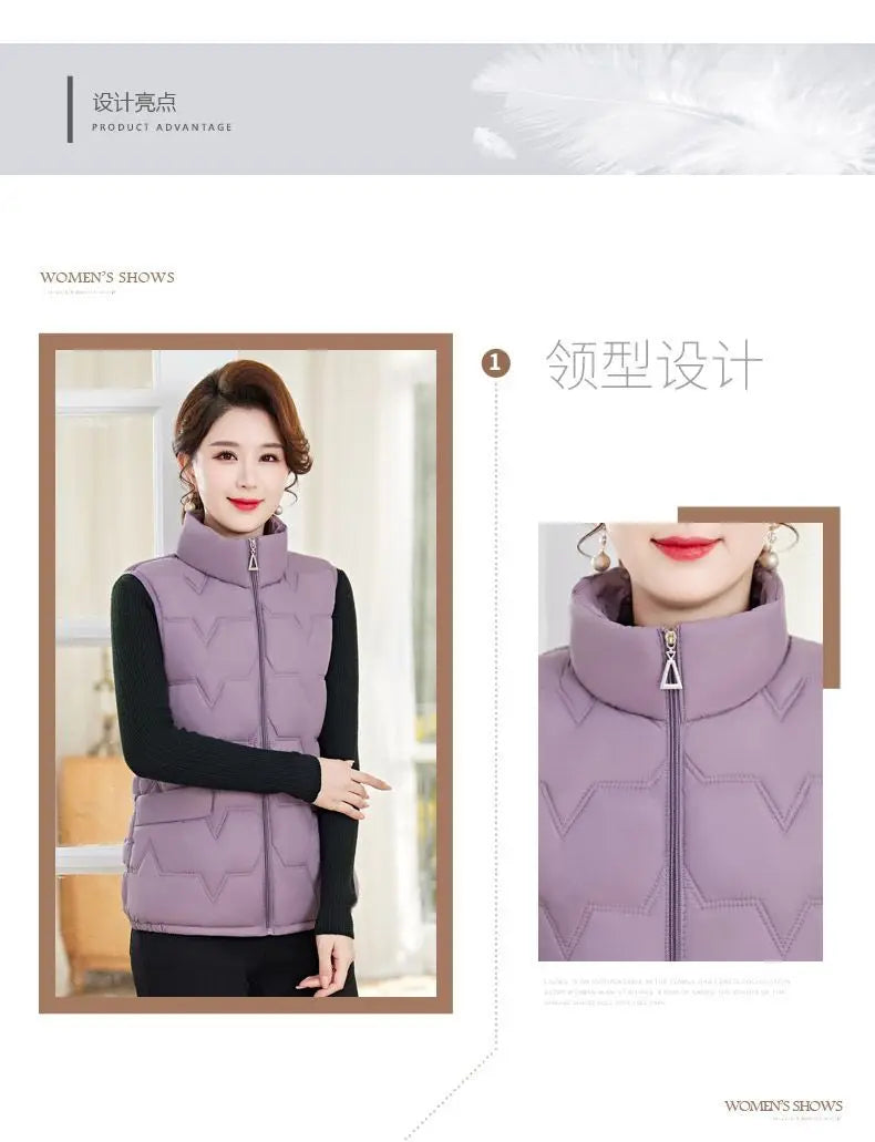 Fashion Women Down Cotton Jackets Vests Solid Stand Collar Zipper Cardigan Thicken Autumn Winter Warm Casual Sleeveless Coats