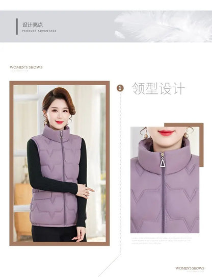 Fashion Women Down Cotton Jackets Vests Solid Stand Collar Zipper Cardigan Thicken Autumn Winter Warm Casual Sleeveless Coats