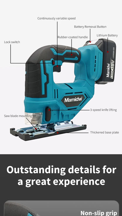 Mamidw Cordless Jigsaw Electric Curve Saw 3000RPM No-Load Speed, 20mm Stroke Length, 45° Tilting Function, Ergonomic Handle, Powered Precision Saw for Wood, Metal, Plastic Cutting, DIY & Professional Use (Tool Only) Compatib