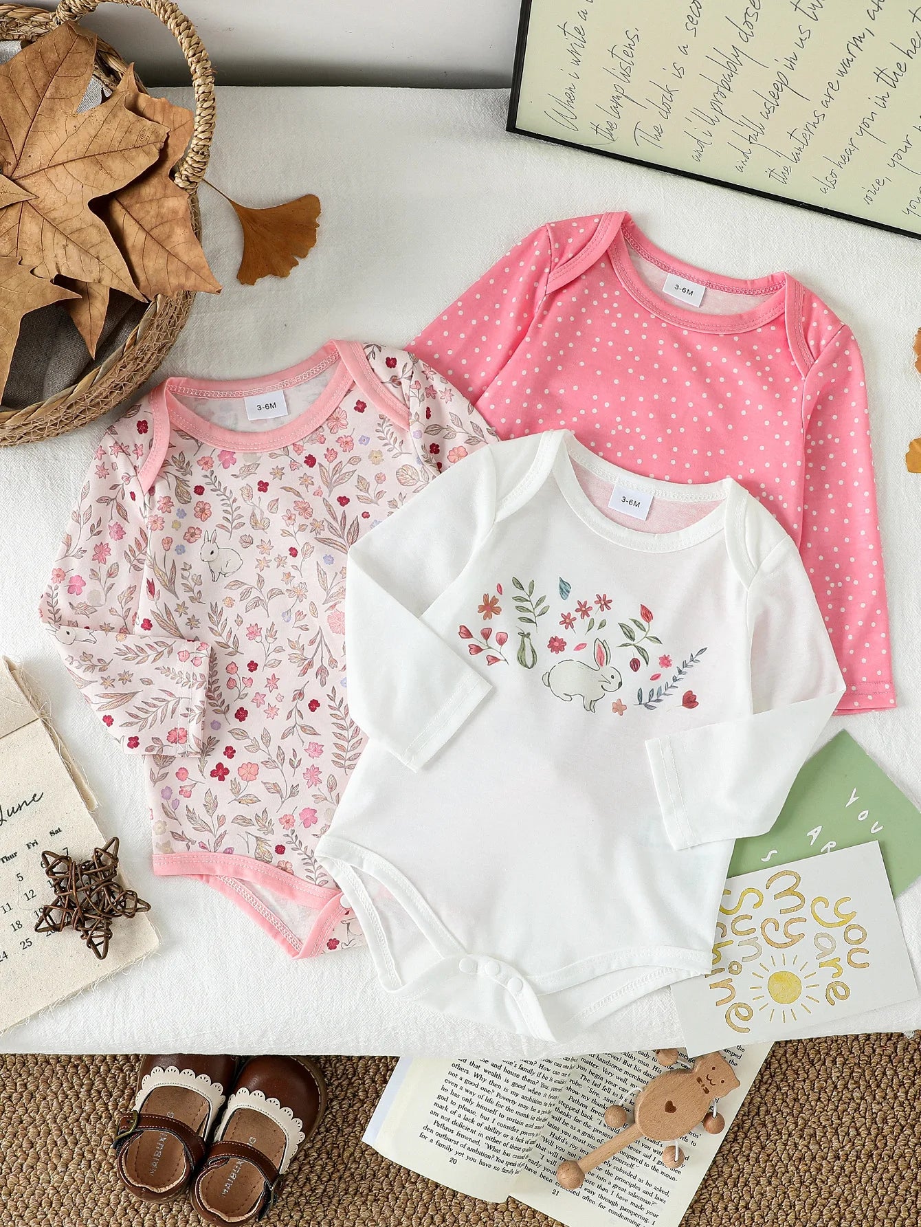 3Pces Autumn Long Sleeve  Baby Bodysuit Girl  Clothes New Print Floral Clothing Jumpsuit Cartoon Infant Outfits Casual