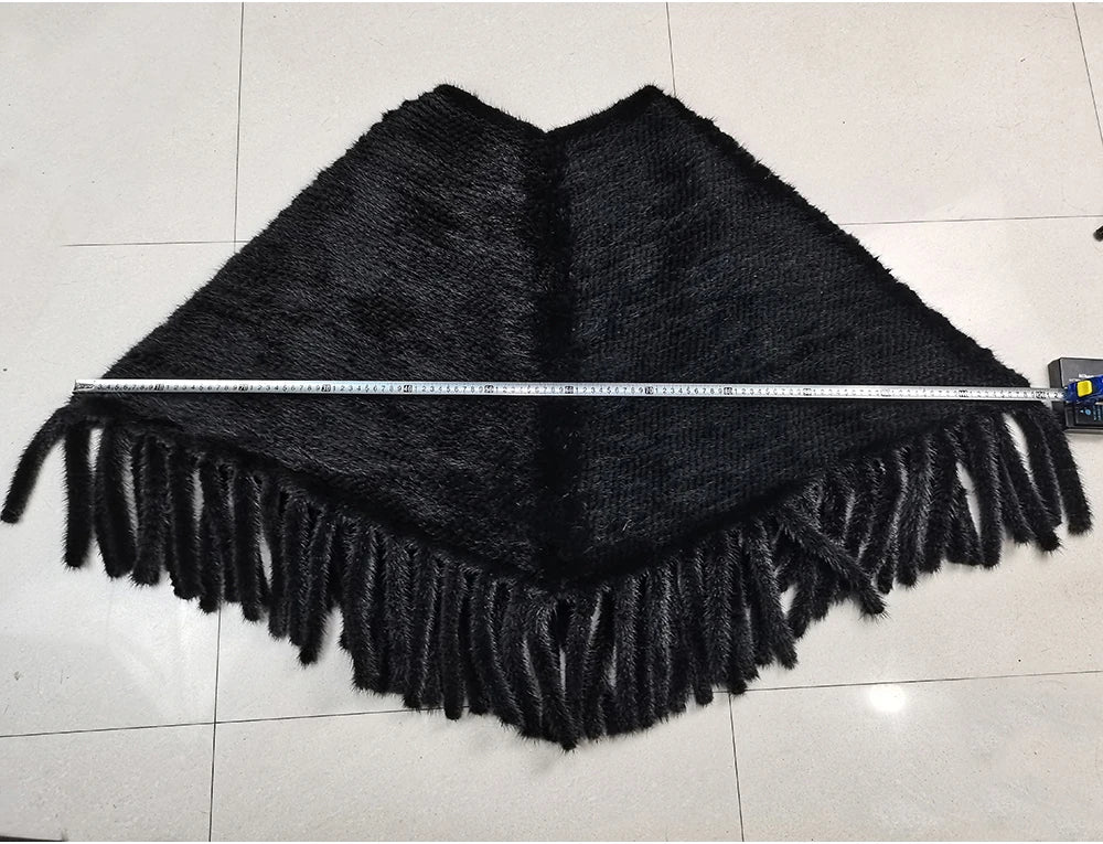Fashion Women Fur Shawl Winter Knitted Real Mink Fur Stole With Fur Hood Knitted Mink Poncho Pashmina