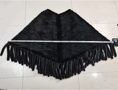 Fashion Women Fur Shawl Winter Knitted Real Mink Fur Stole With Fur Hood Knitted Mink Poncho Pashmina