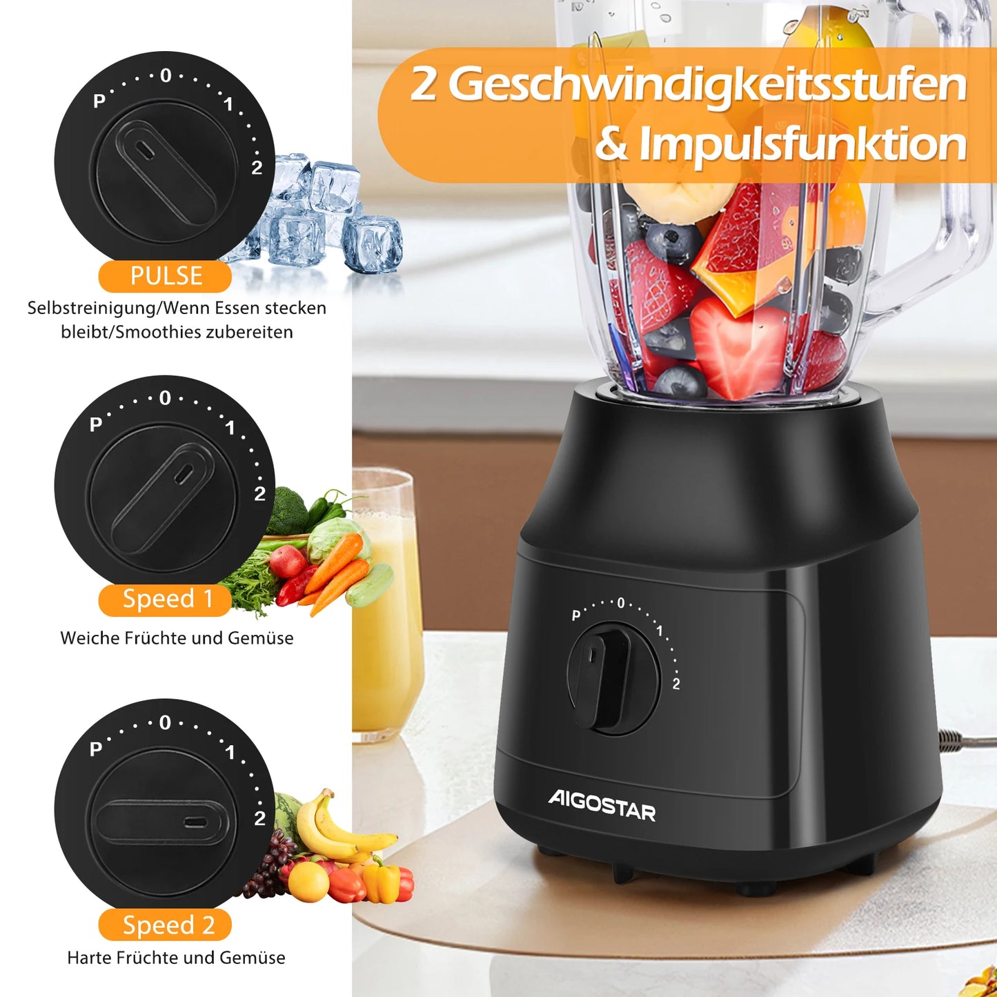 Aigostar Blender and Smoothie Maker, 1.5 Liter Glass Jar, Titanium-Coated Blades, Ice Crush Function, 2 Speeds + Pulse