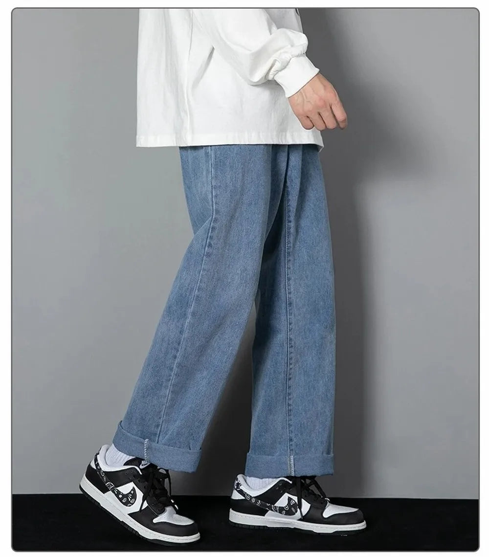 Korean Solid Colors Men's Casual Long Jeans Classic Man Four Seasons Straight Denim Wide-leg Pants Light Blue Grey Black 3XL
