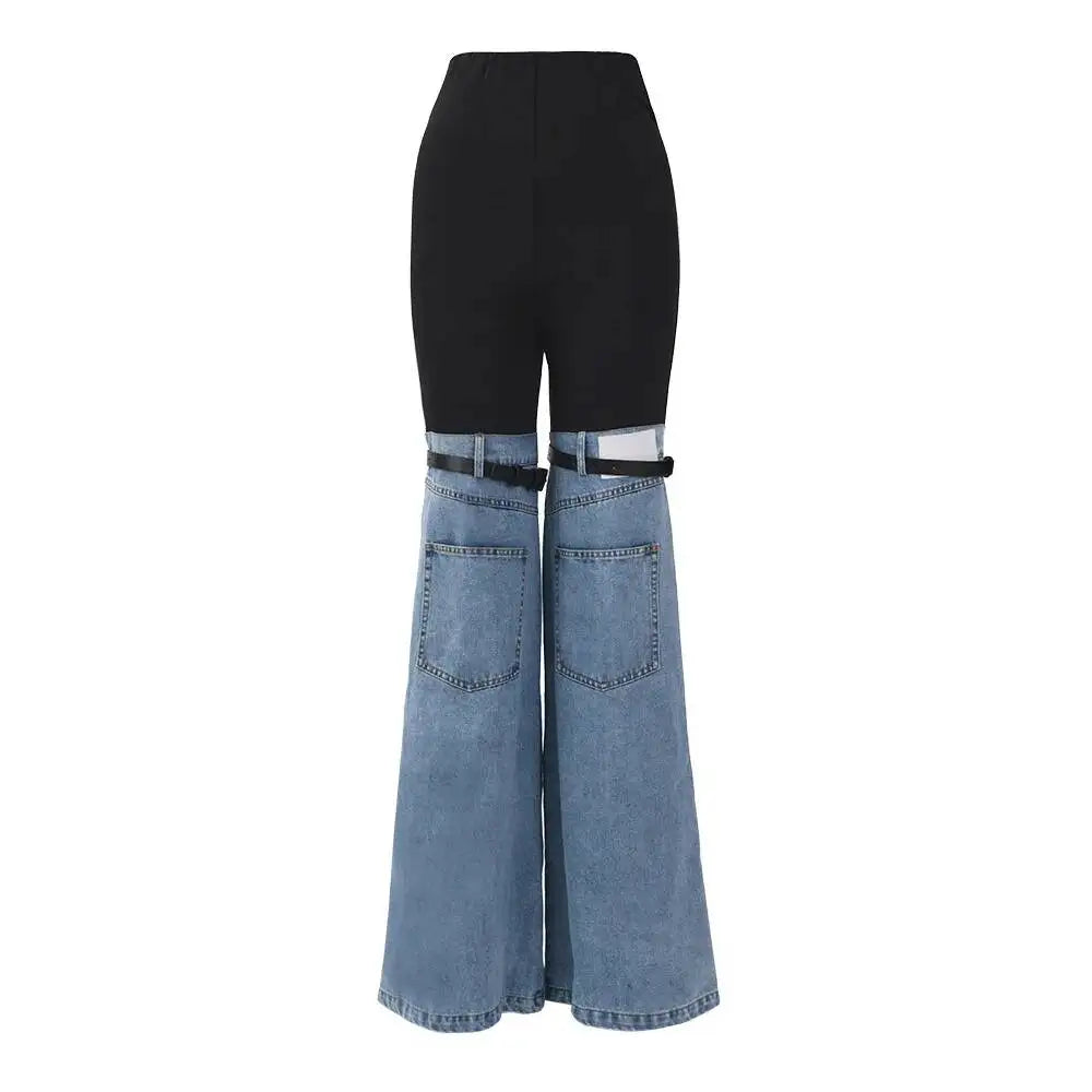LGRQ Denim Patchwork Pants For Women Fashion New High Waist Contrast Color Belt Straight Pant Female 2026 Summer New 17A2013H