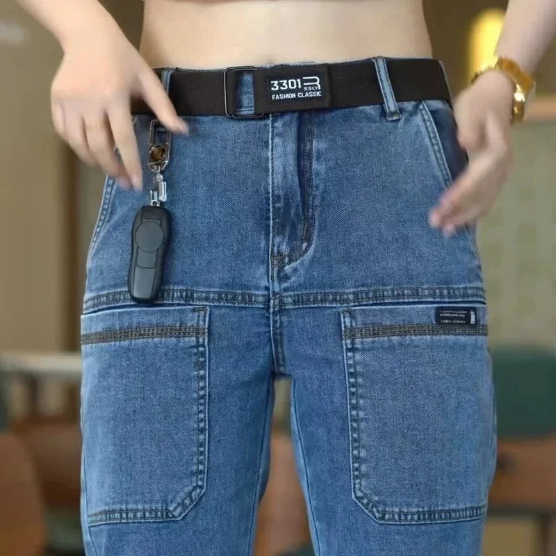 Spring Summer Thin Six Pocket Men's Jeans Elastic Straight Leg Casual Slim Fit Jeans Versatile Multi-Pocket Long Y2K Denim Pants