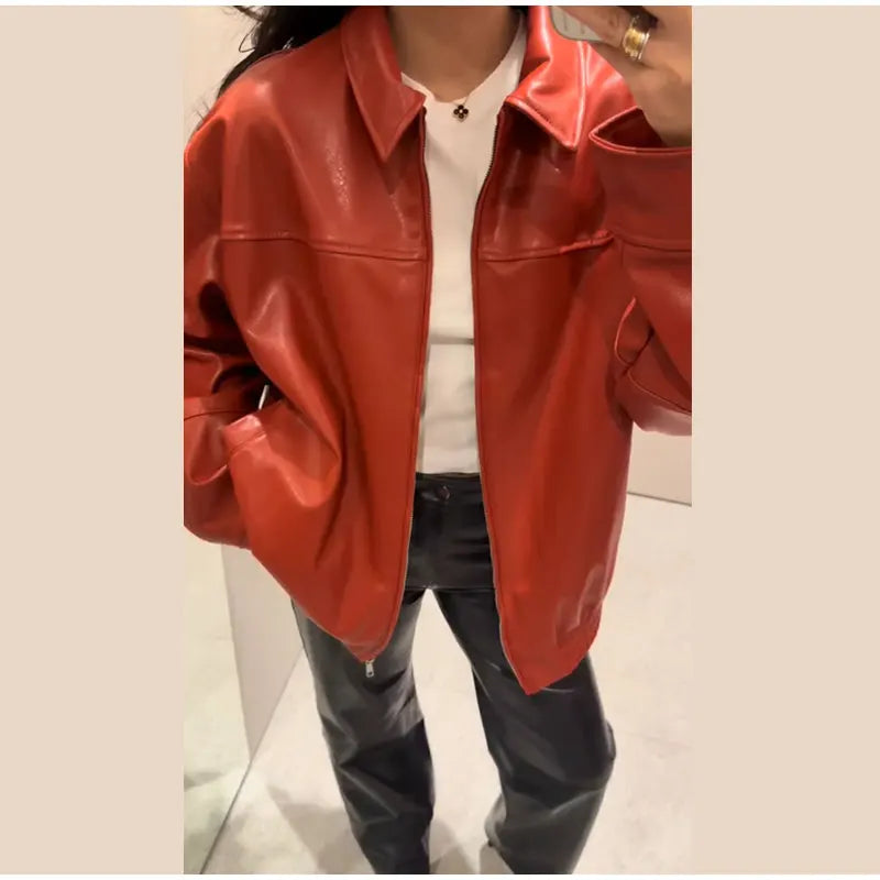 Street Women's Belt Leather Jackets Loose Lapel Zipper Long Sleeve Pockets Female Coats 2026 Autumn Lady Fashion Y2k Outwear