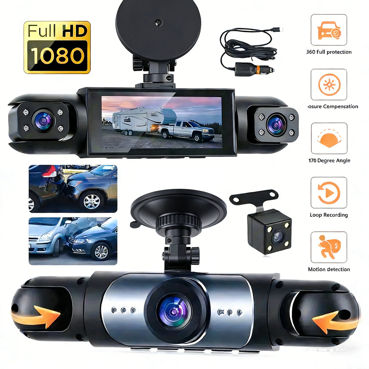Dash Cam Vehicle DVR Video Recorder 4 Cameras for Cars Black Box Front Rear Internal Night Vision Loop Recording Dashcam Car 360